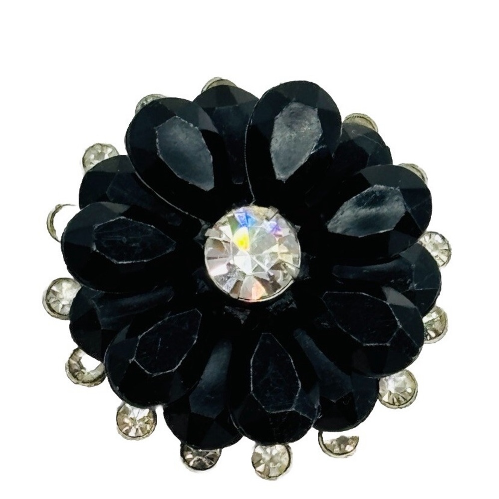 Vintage Black Rhinestone Flower Brooch Clear Center Stone